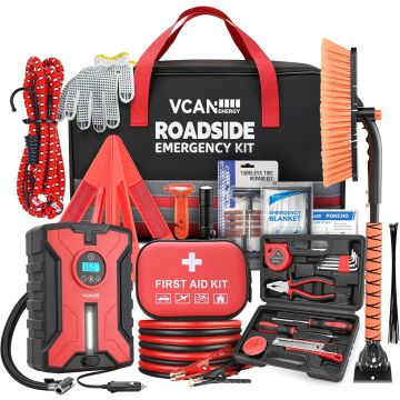 Kit de Seguridad Vial con Compresor, Cables de Arranque y Botiquín