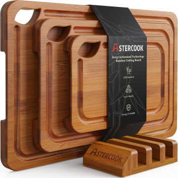 Set de tablas de cortar de bambú con soporte, 3 piezas